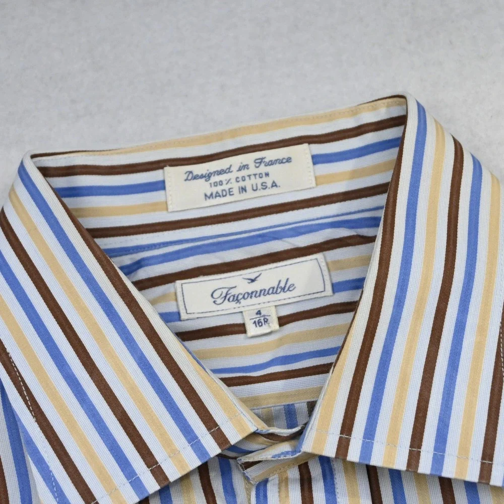 Façonnable Button Up Mens 16 Large Blue Brown Tan Striped Long Sleeve USA MADE